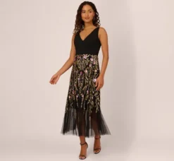 Adrianna Papell Wedding Guest Dresses|Grandmother Of The Bride & Groom*Sleeveless Crepe Gown With Floral Beaded Skirt In Black Multi