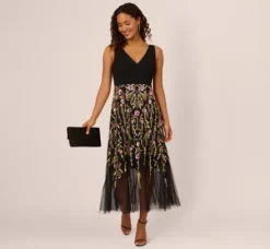 Adrianna Papell Wedding Guest Dresses|Grandmother Of The Bride & Groom*Sleeveless Crepe Gown With Floral Beaded Skirt In Black Multi