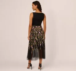 Adrianna Papell Wedding Guest Dresses|Grandmother Of The Bride & Groom*Sleeveless Crepe Gown With Floral Beaded Skirt In Black Multi