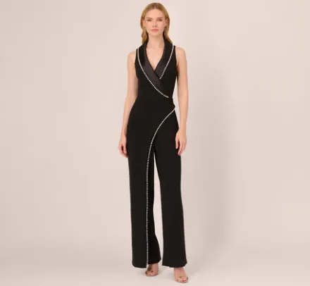 Adrianna Papell Jumpsuits*Sleeveless Crepe Tuxedo Jumpsuit With Pearl Trim In