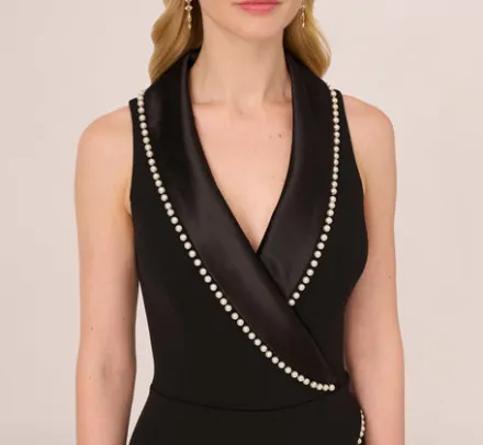 Adrianna Papell Jumpsuits*Sleeveless Crepe Tuxedo Jumpsuit With Pearl Trim In