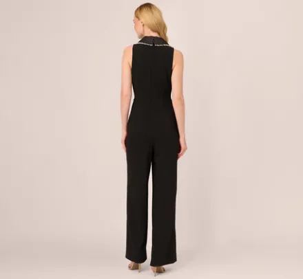 Adrianna Papell Jumpsuits*Sleeveless Crepe Tuxedo Jumpsuit With Pearl Trim In