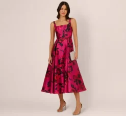 Adrianna Papell Wedding Guest Dresses*Sleeveless Fit And Flare Rose Jacquard Ankle Length Dress In Pink Multi