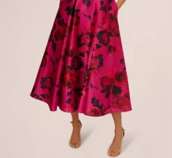 Adrianna Papell Wedding Guest Dresses*Sleeveless Fit And Flare Rose Jacquard Ankle Length Dress In Pink Multi
