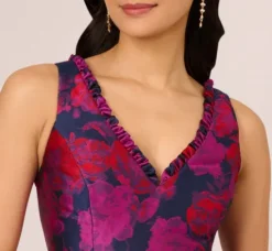 Adrianna Papell Wedding Guest Dresses|Day Dresses*Sleeveless Floral Jacquard Midi Dress With High Low Skirt In Navy Multi