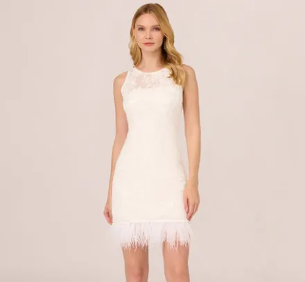 Adrianna Papell Little White Dresses*Sleeveless Floral Lace Dress With Feather Trim In