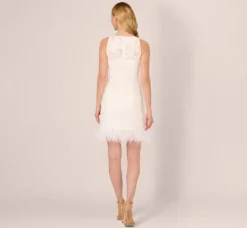 Adrianna Papell Little White Dresses*Sleeveless Floral Lace Dress With Feather Trim In