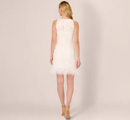 Adrianna Papell Little White Dresses*Sleeveless Floral Lace Dress With Feather Trim In