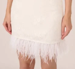Adrianna Papell Little White Dresses*Sleeveless Floral Lace Dress With Feather Trim In