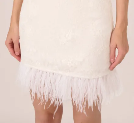 Adrianna Papell Little White Dresses*Sleeveless Floral Lace Dress With Feather Trim In