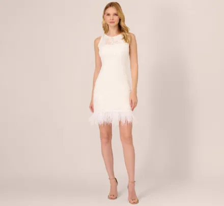 Adrianna Papell Little White Dresses*Sleeveless Floral Lace Dress With Feather Trim In
