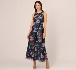 Adrianna Papell Jumpsuits*Sleeveless Floral Organza Jumpsuit With Cropped Wide Legs In Navy Multi