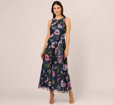 Adrianna Papell Jumpsuits*Sleeveless Floral Organza Jumpsuit With Cropped Wide Legs In Navy Multi
