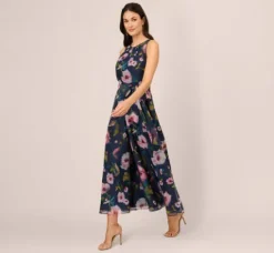 Adrianna Papell Jumpsuits*Sleeveless Floral Organza Jumpsuit With Cropped Wide Legs In Navy Multi