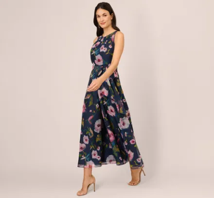 Adrianna Papell Jumpsuits*Sleeveless Floral Organza Jumpsuit With Cropped Wide Legs In Navy Multi