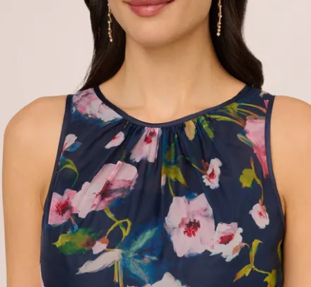 Adrianna Papell Jumpsuits*Sleeveless Floral Organza Jumpsuit With Cropped Wide Legs In Navy Multi