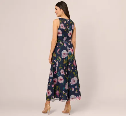 Adrianna Papell Jumpsuits*Sleeveless Floral Organza Jumpsuit With Cropped Wide Legs In Navy Multi