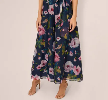 Adrianna Papell Jumpsuits*Sleeveless Floral Organza Jumpsuit With Cropped Wide Legs In Navy Multi