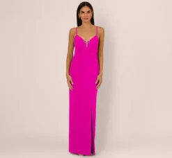 Adrianna Papell Wedding Guest Dresses|Formal Dresses*Sleeveless Knit Crepe Rhinestone Bow Column Gown In Pink Flame