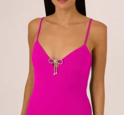 Adrianna Papell Wedding Guest Dresses|Formal Dresses*Sleeveless Knit Crepe Rhinestone Bow Column Gown In Pink Flame