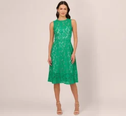 Adrianna Papell Wedding Guest Dresses|Day Dresses*Sleeveless Lace Fit And Flare Dress With Sheer Details In Botanic Green
