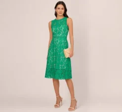Adrianna Papell Wedding Guest Dresses|Day Dresses*Sleeveless Lace Fit And Flare Dress With Sheer Details In Botanic Green