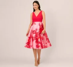 Adrianna Papell Wedding Guest Dresses|Petite-Friendly*Sleeveless Midi Dress With Floral Printed Mikado Skirt In Pink Red Multi
