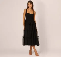 Adrianna Papell Wedding Guest Dresses|Petite-Friendly*Sleeveless Midi Dress With Square Neck And Tiered Skirt In