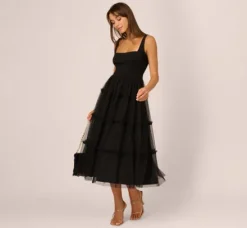 Adrianna Papell Wedding Guest Dresses|Petite-Friendly*Sleeveless Midi Dress With Square Neck And Tiered Skirt In