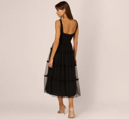 Adrianna Papell Wedding Guest Dresses|Petite-Friendly*Sleeveless Midi Dress With Square Neck And Tiered Skirt In