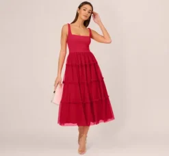 Adrianna Papell Wedding Guest Dresses|Petite-Friendly*Sleeveless Midi Dress With Square Neck And Tiered Skirt In Matador Red