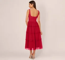 Adrianna Papell Wedding Guest Dresses|Petite-Friendly*Sleeveless Midi Dress With Square Neck And Tiered Skirt In Matador Red