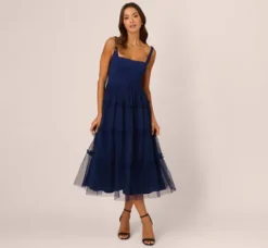 Adrianna Papell Wedding Guest Dresses|Petite-Friendly*Sleeveless Midi Dress With Square Neck And Tiered Skirt In