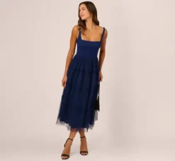 Adrianna Papell Wedding Guest Dresses|Petite-Friendly*Sleeveless Midi Dress With Square Neck And Tiered Skirt In