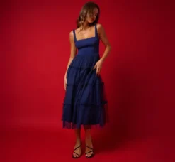 Adrianna Papell Wedding Guest Dresses|Petite-Friendly*Sleeveless Midi Dress With Square Neck And Tiered Skirt In