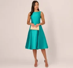 Adrianna Papell Wedding Guest Dresses|Petite-Friendly*Sleeveless Mikado Fit And Flare Midi Dress With V-Back In Exotic Jade