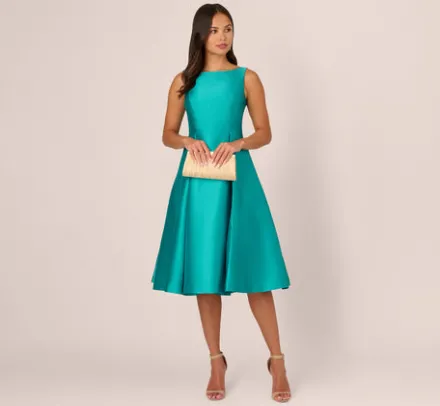 Adrianna Papell Wedding Guest Dresses|Petite-Friendly*Sleeveless Mikado Fit And Flare Midi Dress With V-Back In Exotic Jade