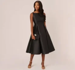 Adrianna Papell Wedding Guest Dresses|Petite-Friendly*Sleeveless Mikado Fit And Flare Midi Dress With V-Back In