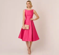 Adrianna Papell Wedding Guest Dresses|Petite-Friendly*Sleeveless Mikado Fit And Flare Midi Dress With V-Back In Electric Pink