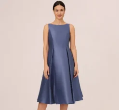 Adrianna Papell Wedding Guest Dresses|Petite-Friendly*Sleeveless Mikado Fit And Flare Midi Dress With V-Back In Blue Frost