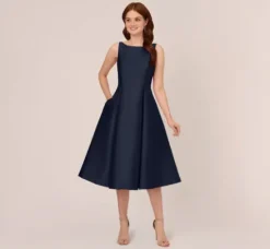 Adrianna Papell Wedding Guest Dresses|Petite-Friendly*Sleeveless Mikado Fit And Flare Midi Dress With V-Back In