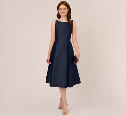 Adrianna Papell Wedding Guest Dresses|Petite-Friendly*Sleeveless Mikado Fit And Flare Midi Dress With V-Back In