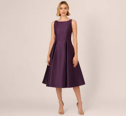 Adrianna Papell Wedding Guest Dresses|Petite-Friendly*Sleeveless Mikado Fit And Flare Midi Dress With V-Back In Luxe Plum