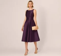 Adrianna Papell Wedding Guest Dresses|Petite-Friendly*Sleeveless Mikado Fit And Flare Midi Dress With V-Back In Luxe Plum