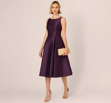 Adrianna Papell Wedding Guest Dresses|Petite-Friendly*Sleeveless Mikado Fit And Flare Midi Dress With V-Back In Luxe Plum