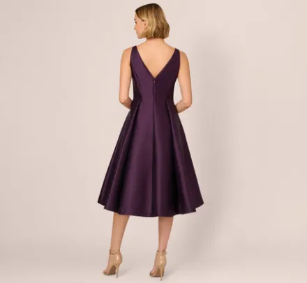 Adrianna Papell Wedding Guest Dresses|Petite-Friendly*Sleeveless Mikado Fit And Flare Midi Dress With V-Back In Luxe Plum