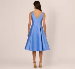 Adrianna Papell Wedding Guest Dresses|Petite-Friendly*Sleeveless Mikado Fit And Flare Midi Dress With V-Back In Electric Ice