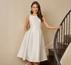 Adrianna Papell Petite-Friendly|Little White Dresses*Sleeveless Mikado Fit And Flare Midi Dress With V-Back In