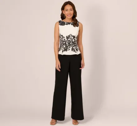 Adrianna Papell Jumpsuits|Day Dresses*Sleeveless Peplum Jumpsuit With Scroll Lace Details In Ivory Black