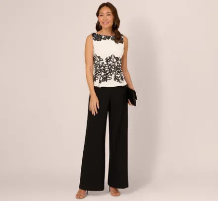 Adrianna Papell Jumpsuits|Day Dresses*Sleeveless Peplum Jumpsuit With Scroll Lace Details In Ivory Black
